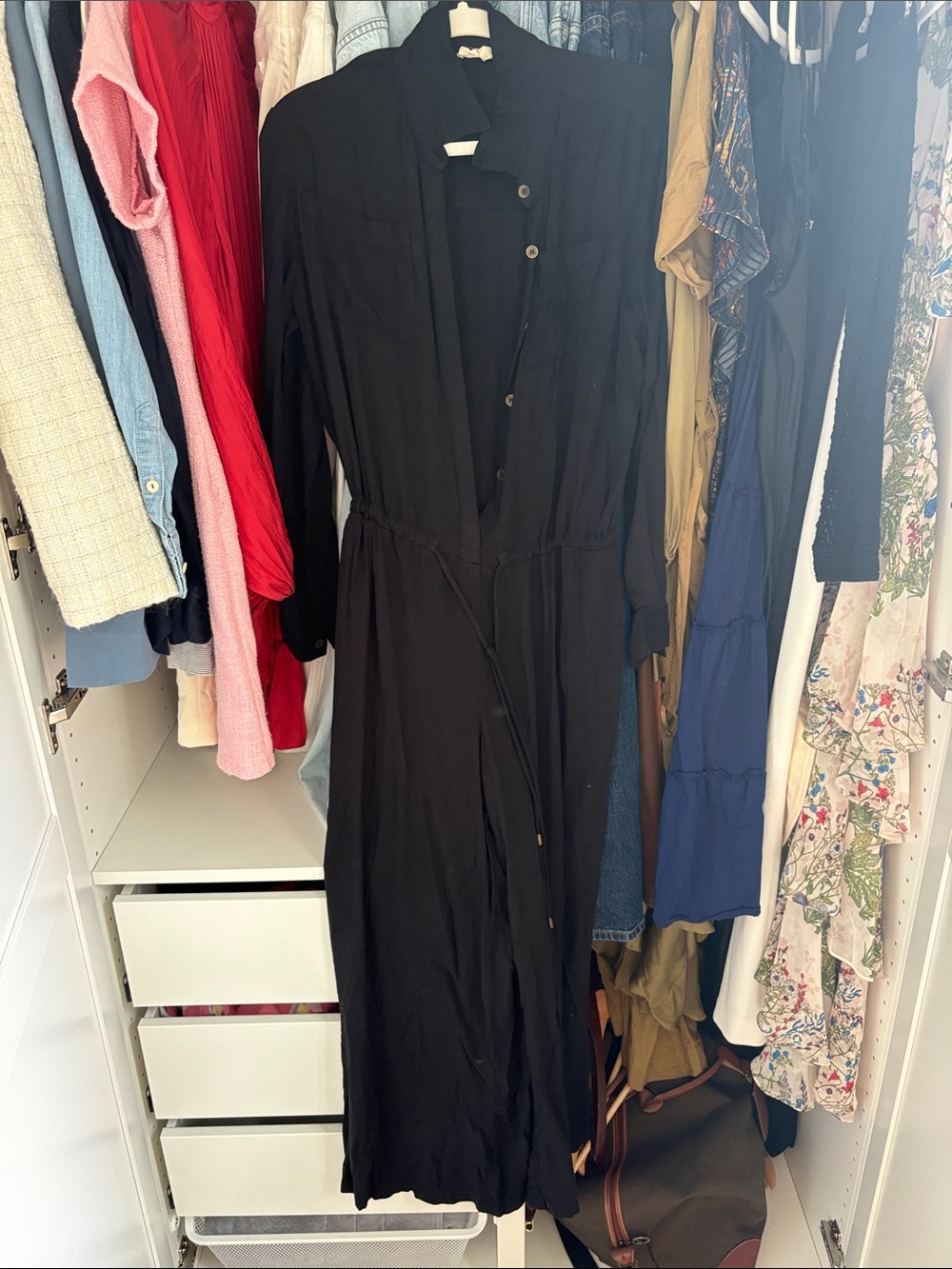 lovestitch Black Long Sleeve Maxi Shirt Dress with Waist Tie